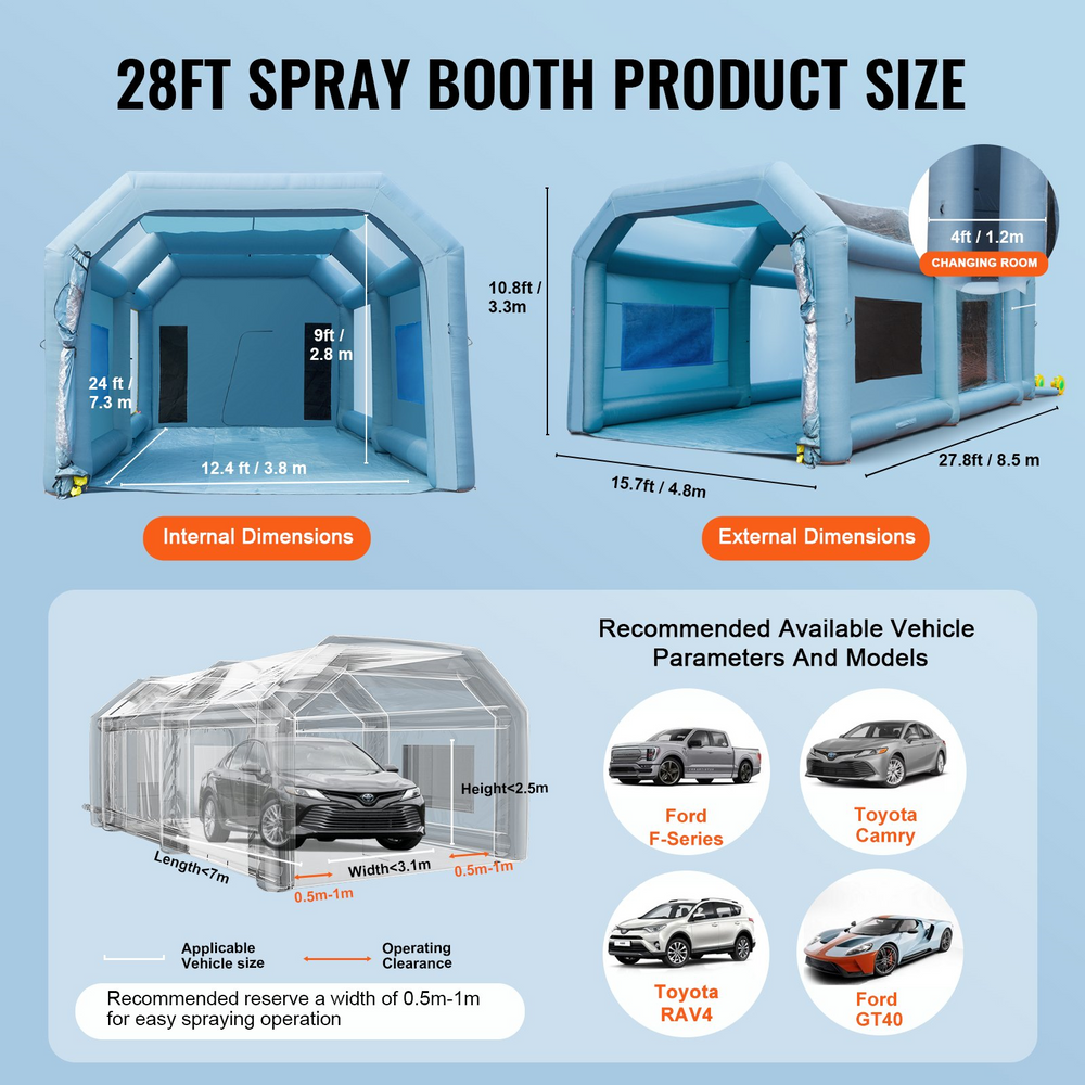 Vevor Inflatable Paint Booth 28' x 16' x 11' Spray Tent 960W 750W Blowers Air Filter System New