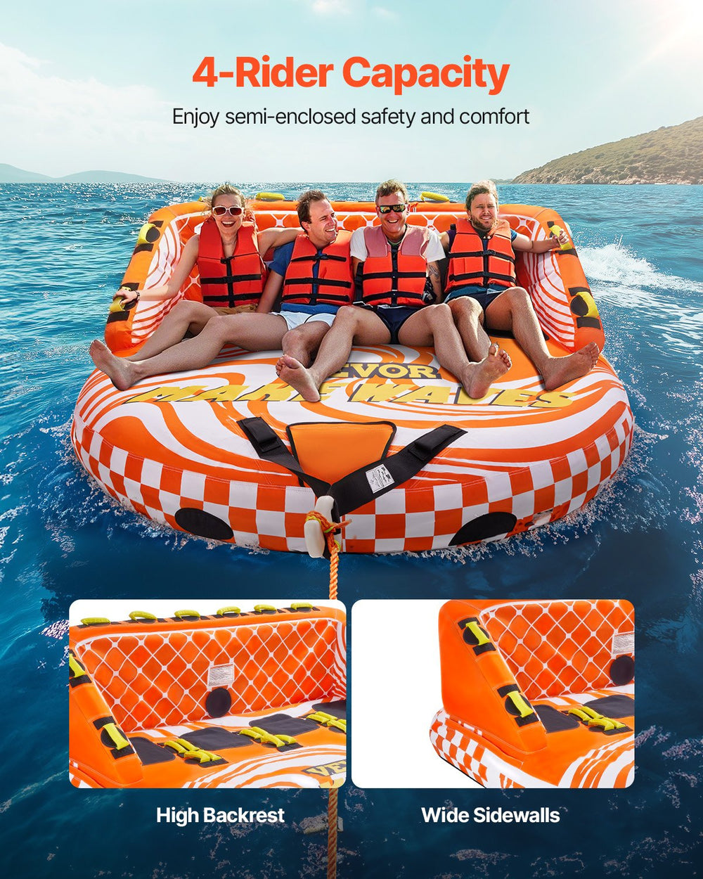 Vevor Towable Tube for Boating 1 to 4 Riders 680 Lb Capacity Dual Tow Points 22 Padded Handles New