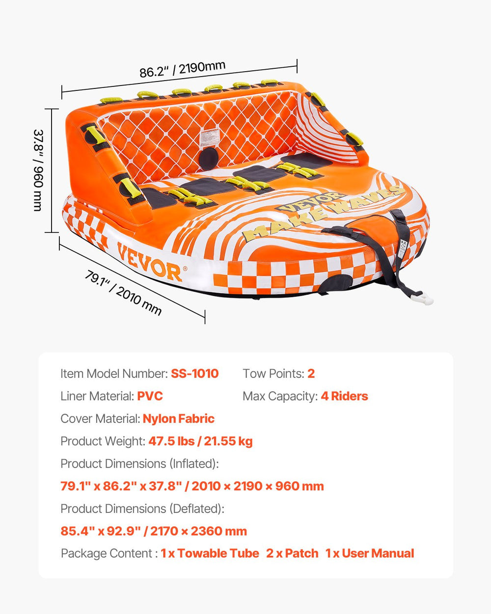 Vevor Towable Tube for Boating 1 to 4 Riders 680 Lb Capacity Dual Tow Points 22 Padded Handles New