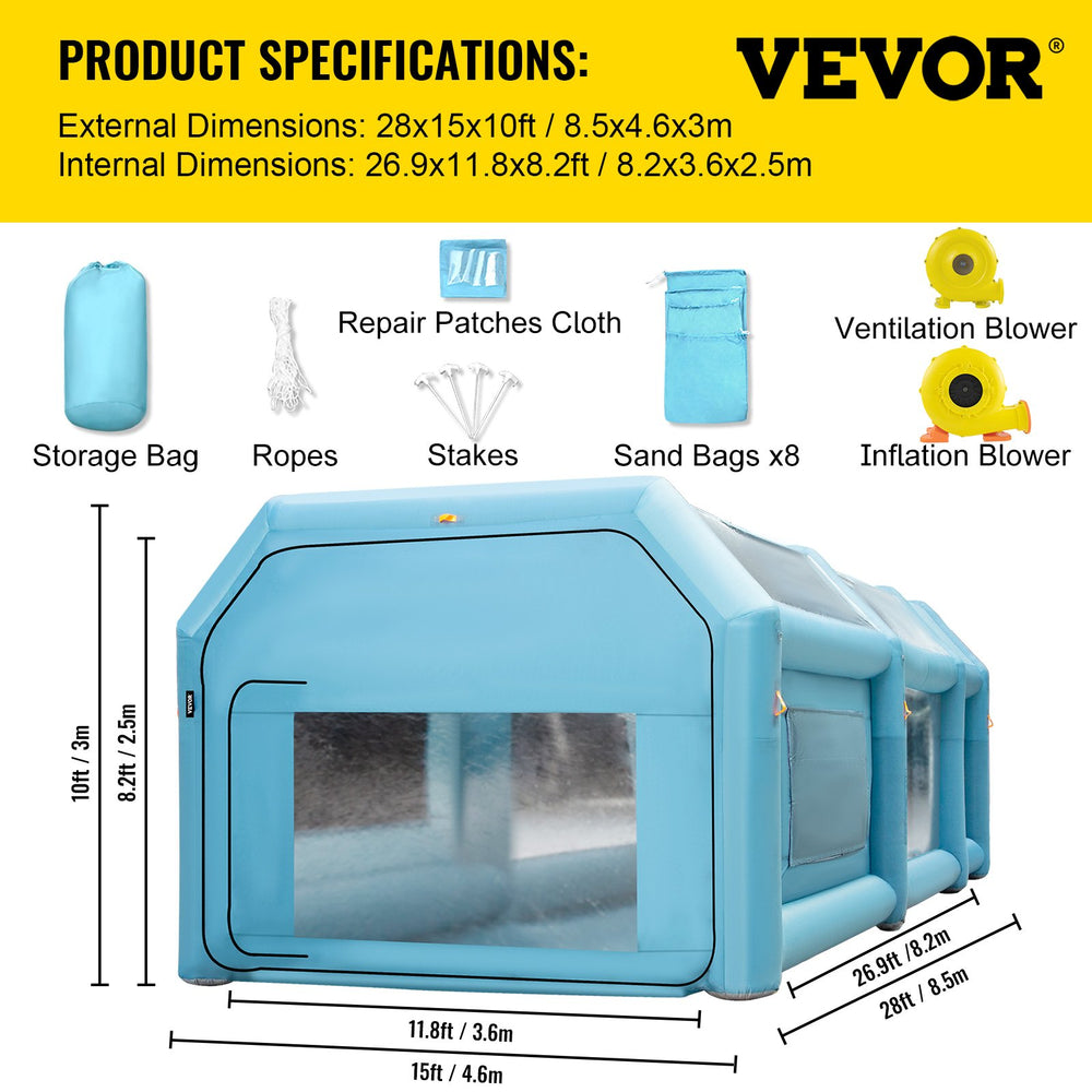 Vevor Inflatable Paint Booth 28' x 15' x 10' 950W Inflation 350W Ventilation Blowers with Air Filtration System New