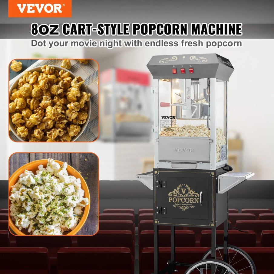 Vevor Popcorn Machine 8 Oz with Cart 850W 48-Cup Capacity New
