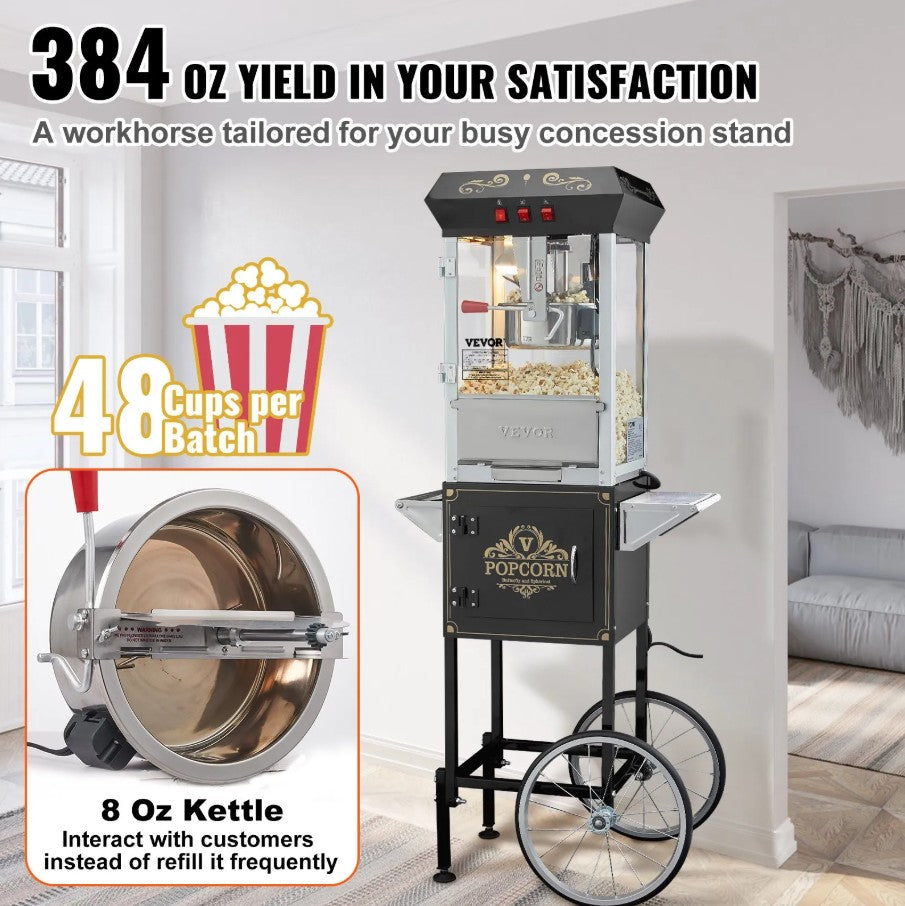 Vevor Popcorn Machine 8 Oz with Cart 850W 48-Cup Capacity New