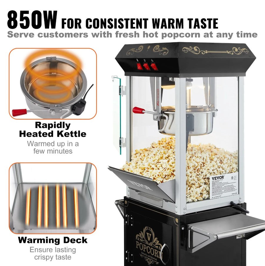 Vevor Popcorn Machine 8 Oz with Cart 850W 48-Cup Capacity New