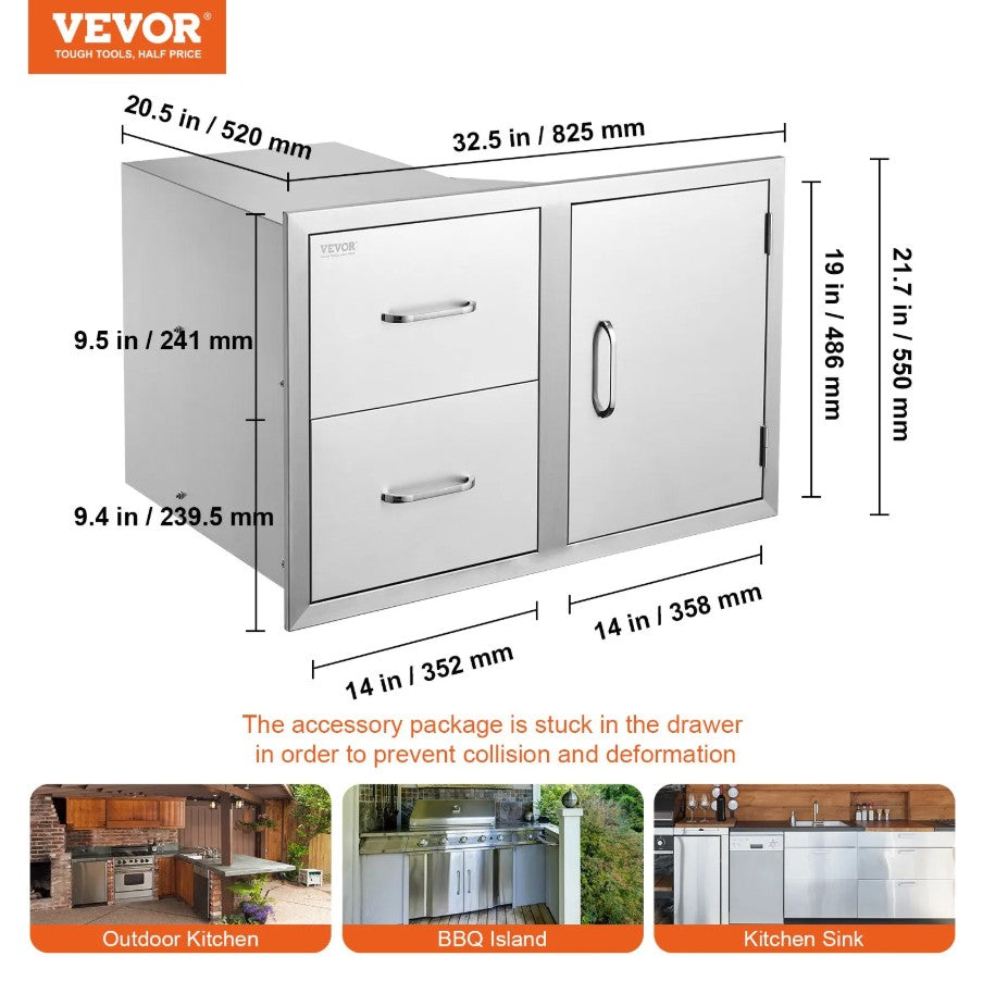 Vevor Outdoor Kitchen Door and Drawer Combo 32.5" x 21.7" x 20.5" with Paper Towel Rack New