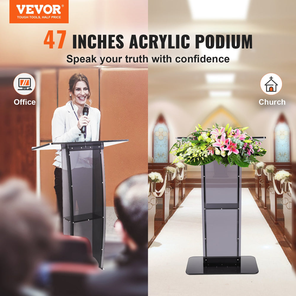 Vevor Acrylic Podium 47" Clear Pulpit Stand with Wide Desktop Surface and Storage Shelf New