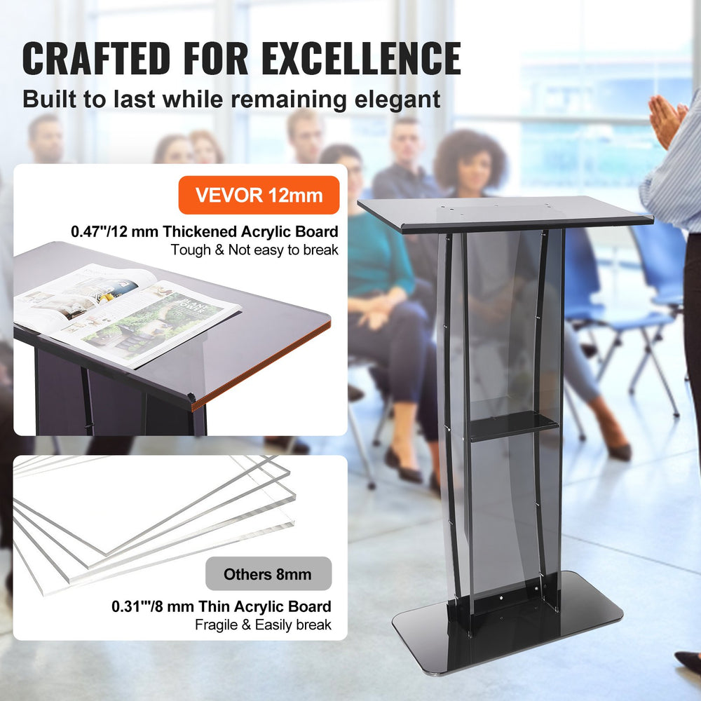 Vevor Acrylic Podium 47" Clear Pulpit Stand with Wide Desktop Surface and Storage Shelf New