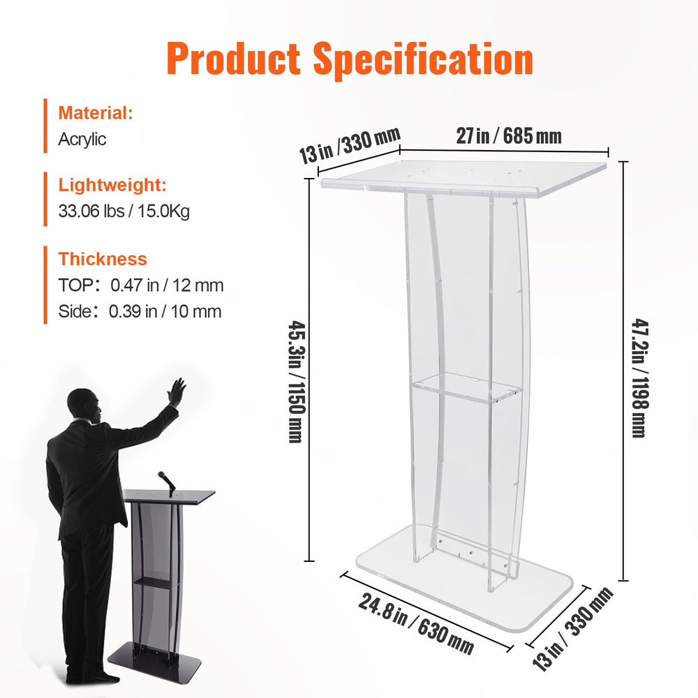 Vevor Acrylic Podium 47" Clear Pulpit Stand with Wide Desktop Surface and Storage Shelf New