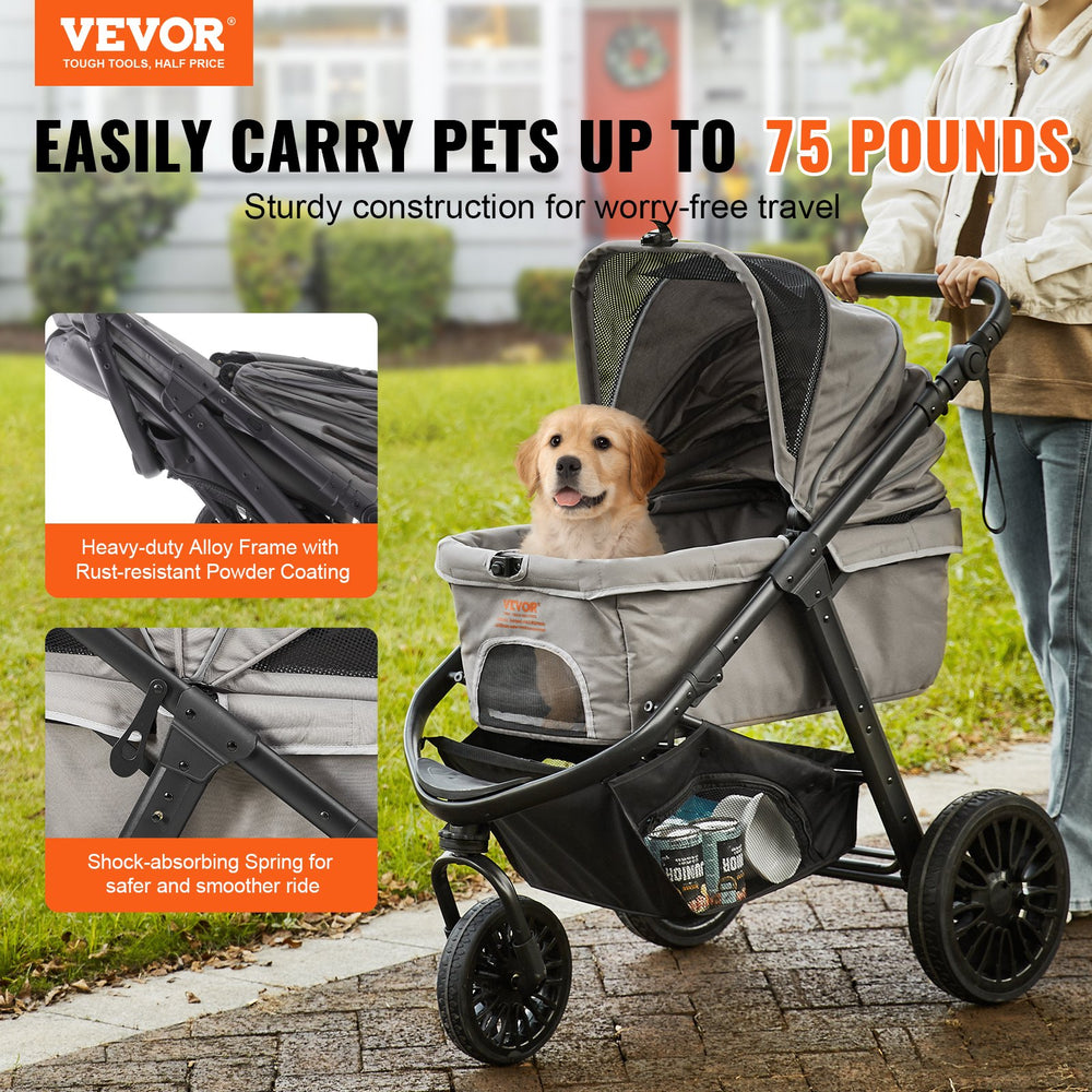 Vevor Pet Stroller 75 Lbs. Capacity 3-Wheel Dual-Brake Quick Fold Storage Basket Grey New