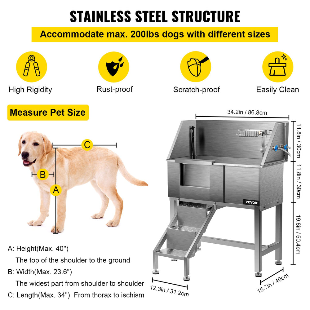 Vevor 34" Professional Dog Grooming Tub Stainless Steel with Steps Left Door New
