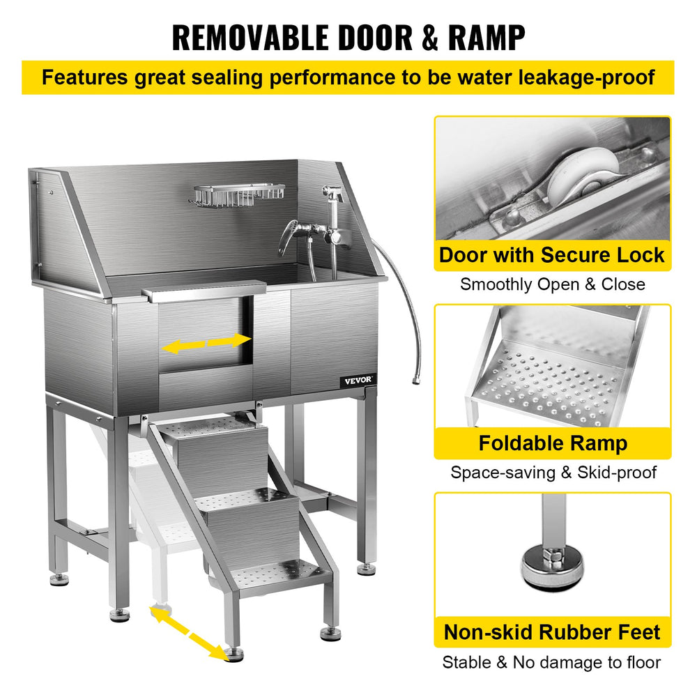 Vevor 34" Professional Dog Grooming Tub Stainless Steel with Steps Left Door New