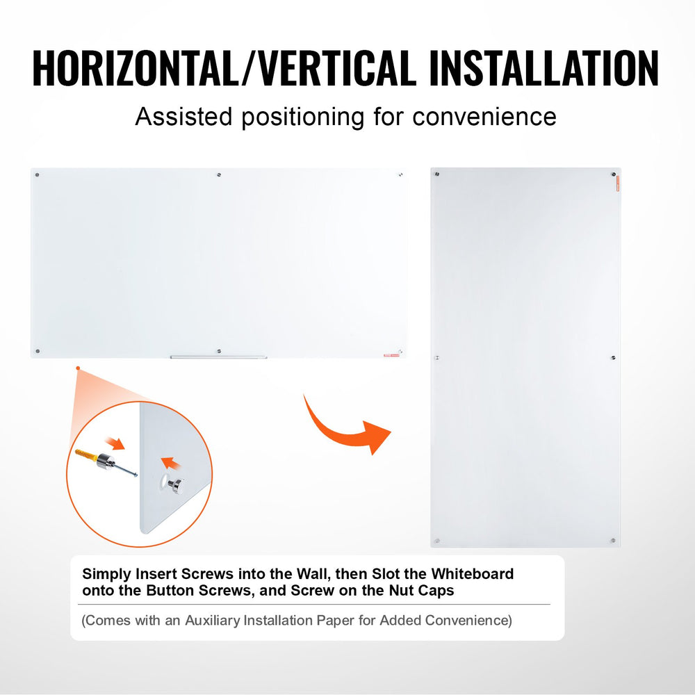 Vevor Glass Whiteboard 72" x 36" Wall-Mounted Frameless Magnetic Dry Erase Board New