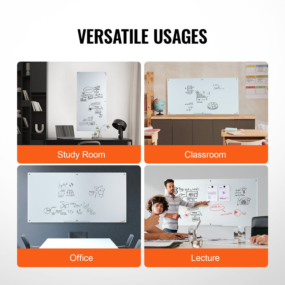 Vevor Glass Whiteboard 72" x 36" Wall-Mounted Frameless Magnetic Dry Erase Board New