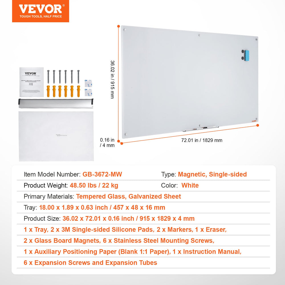 Vevor Glass Whiteboard 72" x 36" Wall-Mounted Frameless Magnetic Dry Erase Board New