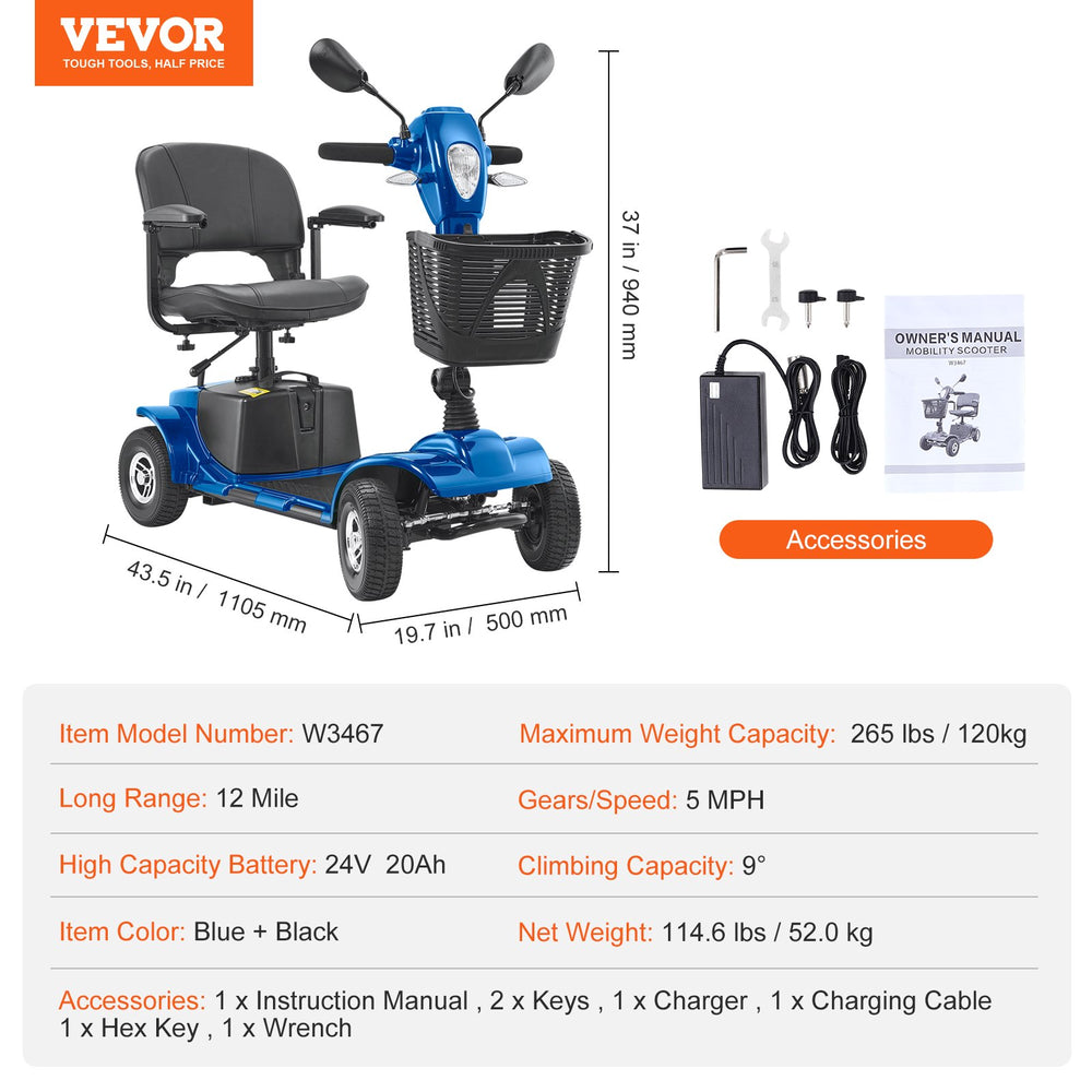 Vevor Mobility Scooter 4 Wheel Folding Heavy Duty 265 lbs. Capacity 24V 5 MPH 12 Mile Range New