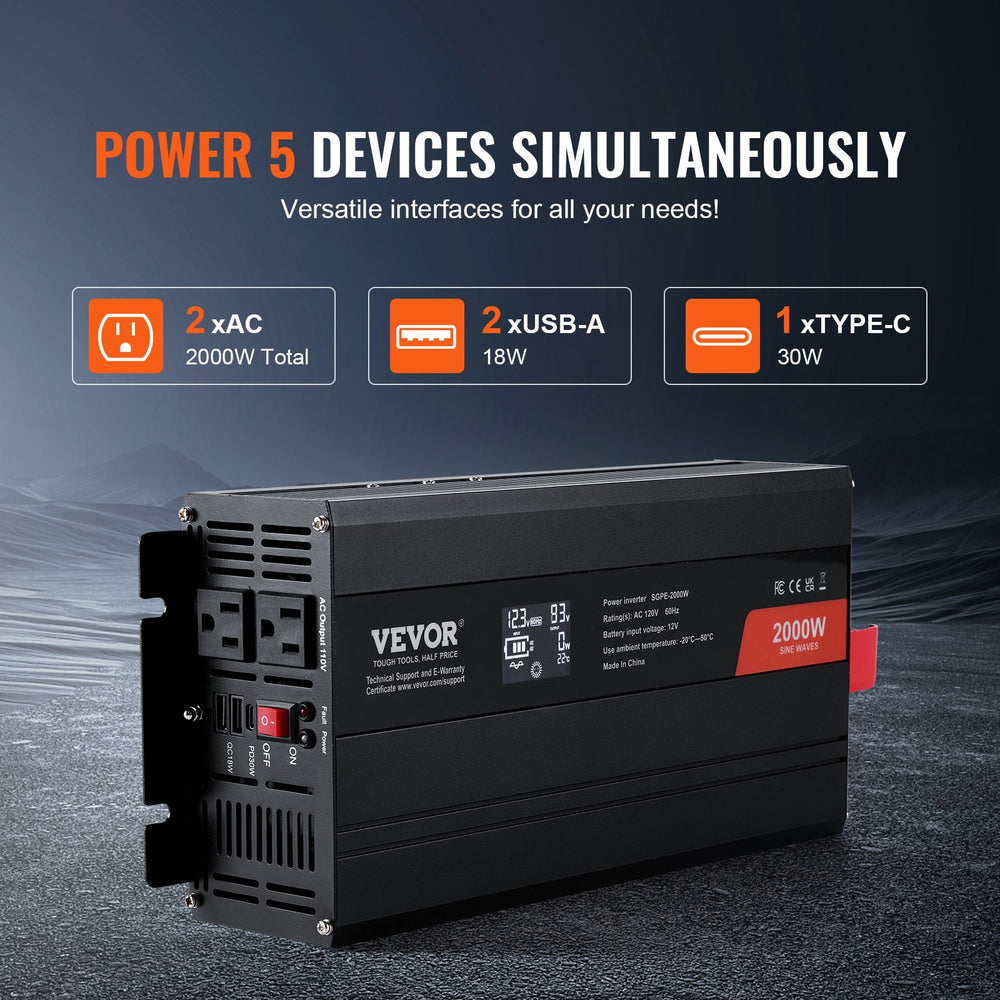 Vevor Power Inverter 2000W Pure Sine Wave DC 12V AC 120V LCD Display and Remote Controller New