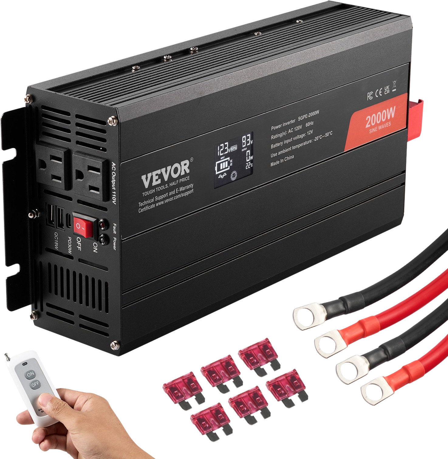 Vevor Power Inverter 2000W Pure Sine Wave DC 12V AC 120V LCD Display and Remote Controller New