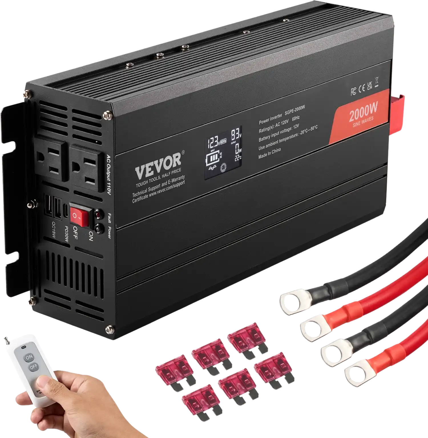 Vevor Power Inverter 2000W Pure Sine Wave DC 12V AC 120V LCD Display and Remote Controller New