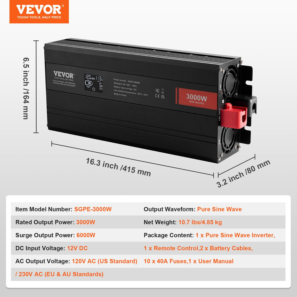 Vevor Power Inverter 3000W Pure Sine Wave DC 12V AC 120V LCD Display and Remote Controller New