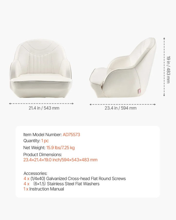 Vevor Low-Back Flip-Up Captain Bucket Boat Seat White PVC Leather New