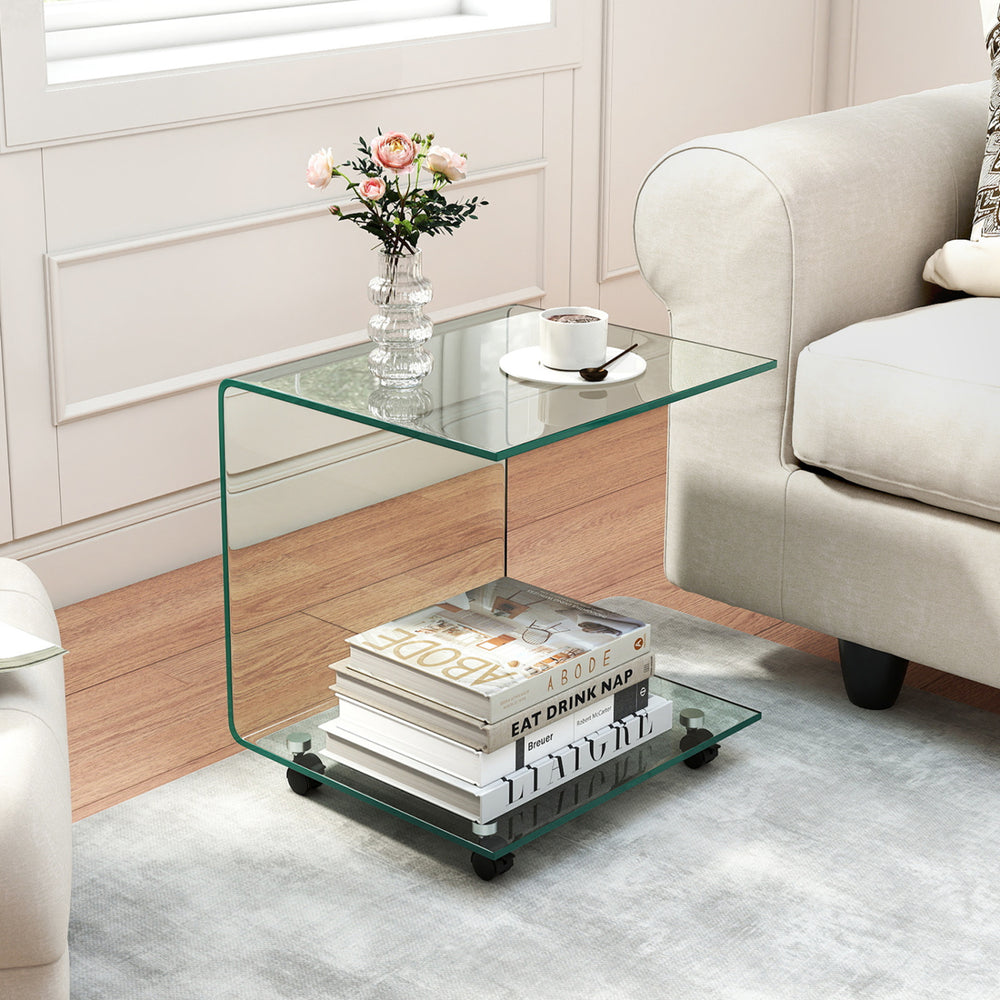 C-Shaped End Table Modern Tempered Glass Side Table with Shelf-Transparent - Gallery View 1 of 12