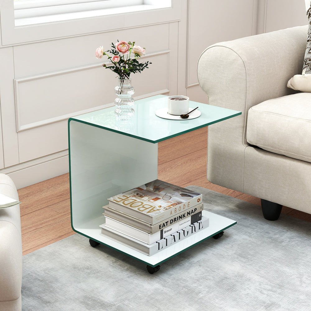 C-Shaped End Table Modern Tempered Glass Side Table with Shelf-White - Gallery View 1 of 12
