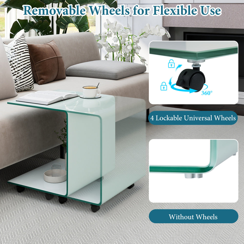 C-shaped end table with tempered glass, featuring removable wheels and a 2-tier shelf for versatile use in any space.