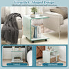 C-shaped end table in white with tempered glass, featuring a 2-tier shelf and lockable wheels for versatile use.