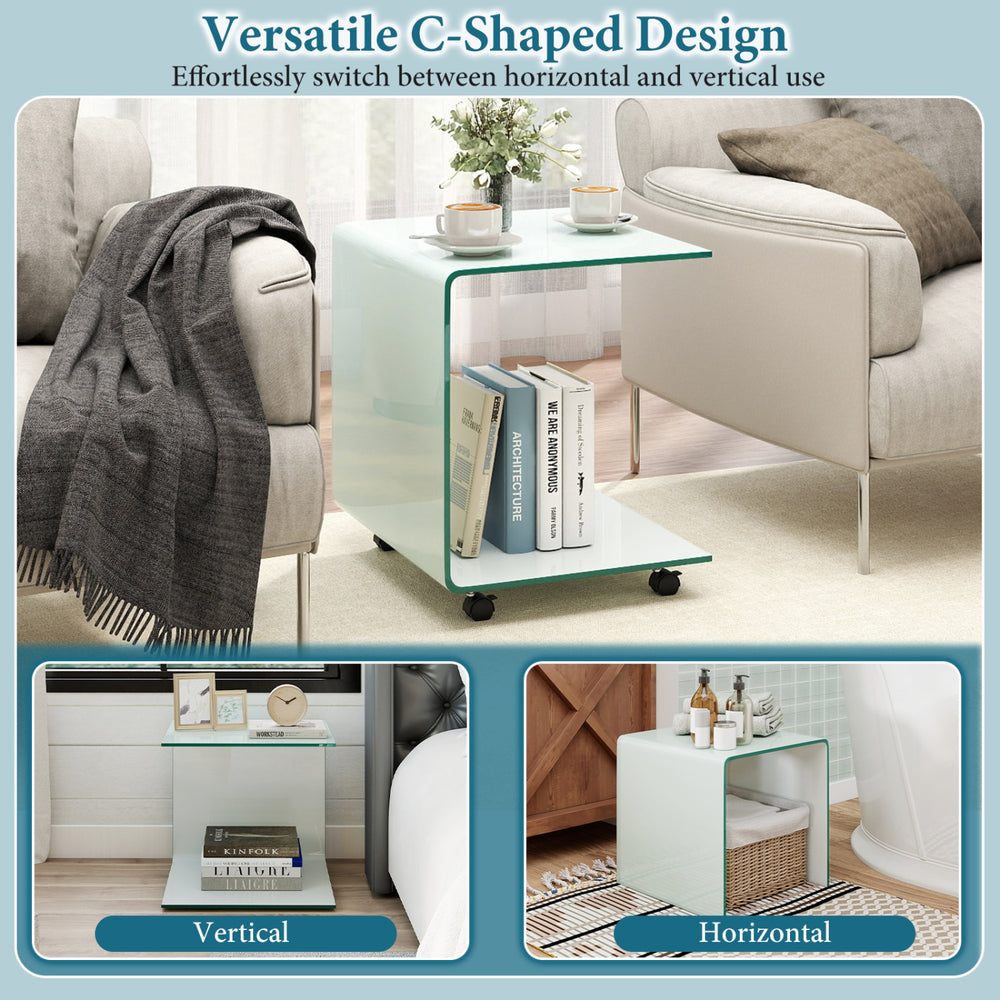 C-shaped end table in white with tempered glass, featuring a 2-tier shelf and lockable wheels for versatile use.
