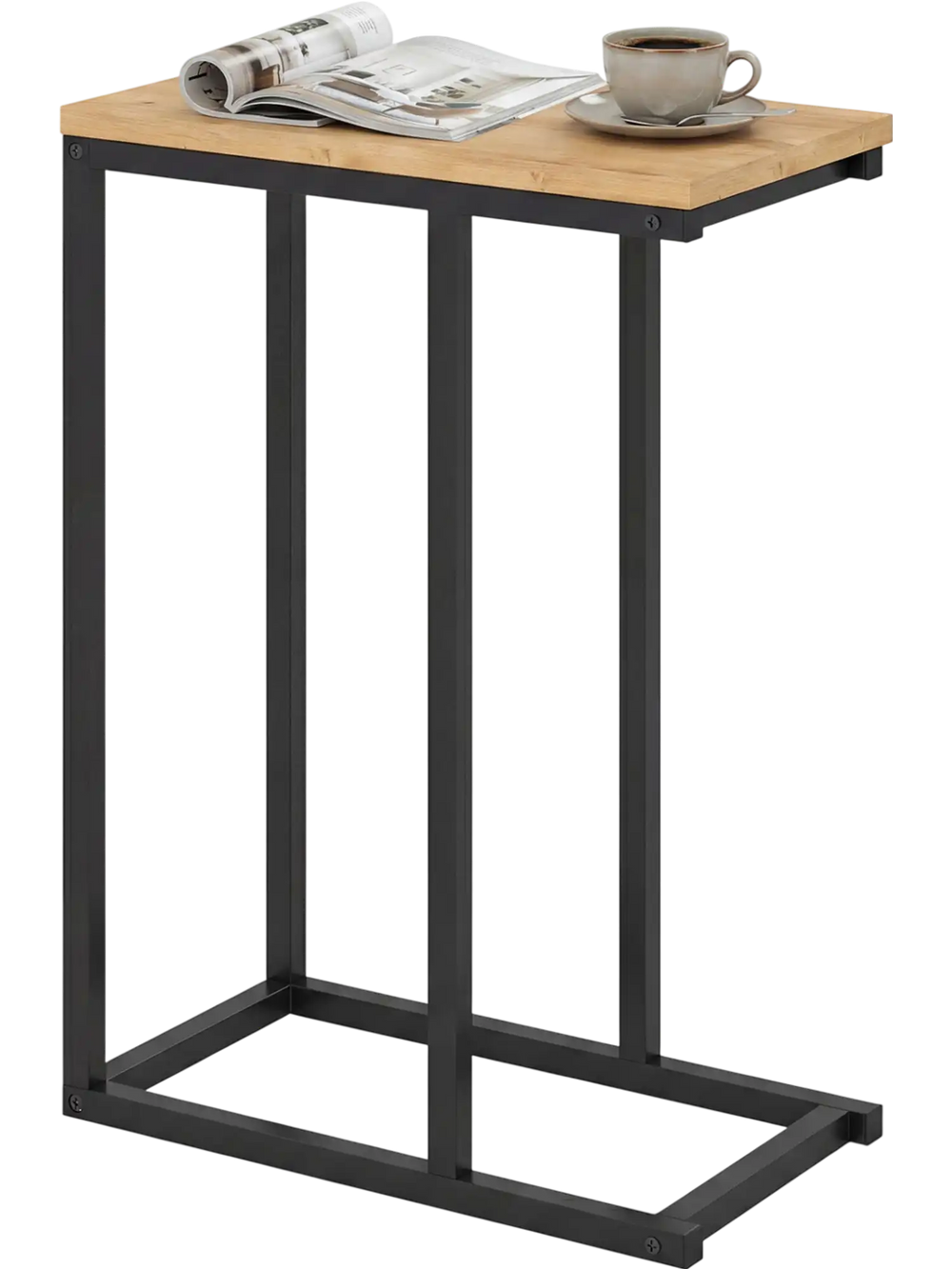 C-shaped end table with a natural wood top and sturdy metal frame, perfect for living rooms and home offices.