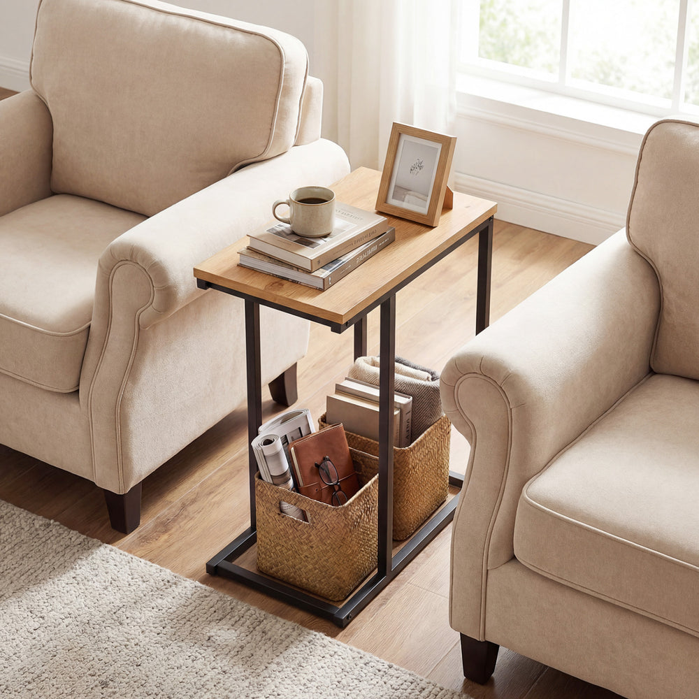 C-shaped end table with a natural wood top and sturdy metal frame, perfect for living room or home office use.