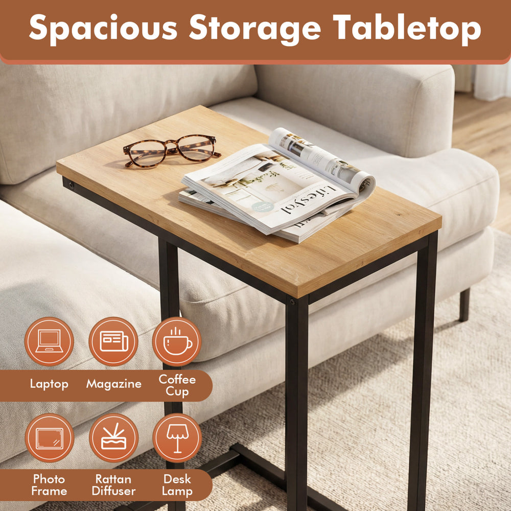 C-shaped end table with a natural wooden top and sturdy metal frame, perfect for living room or home office use.