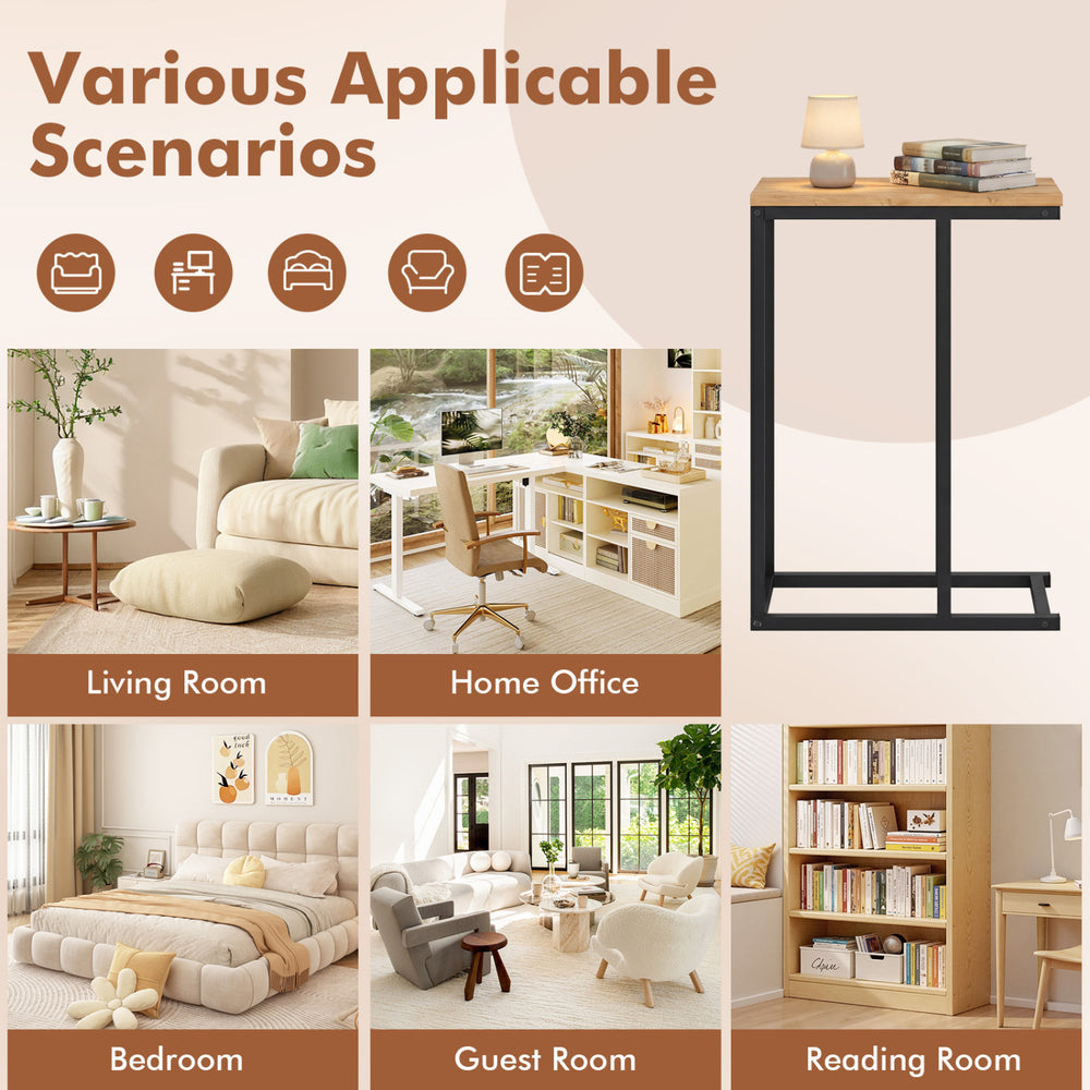C-shaped end table with a sturdy metal frame and natural wood top, ideal for living room, home office, or bedroom use.
