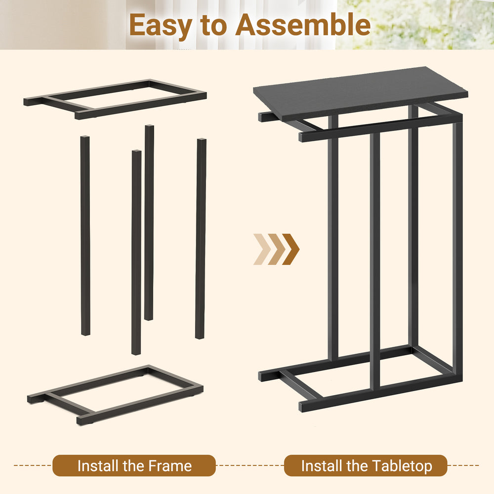 C-shaped end table assembly instructions showing frame and tabletop pieces for easy setup and space-saving design.