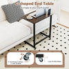 C-shaped end table in rustic brown with wheels, featuring a phone slot and low profile base for easy placement beside.
