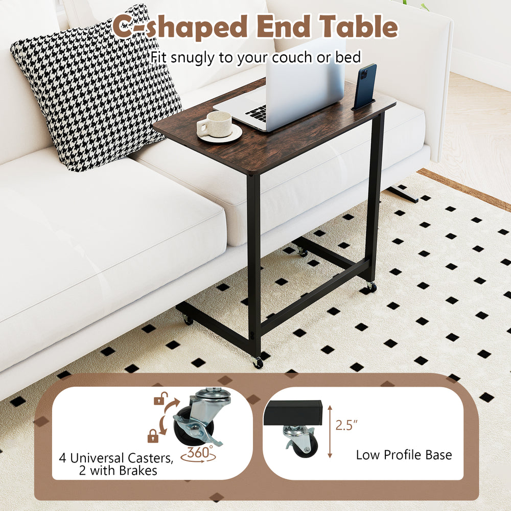 C-shaped end table in rustic brown with wheels, featuring a phone slot and low profile base for easy placement beside.