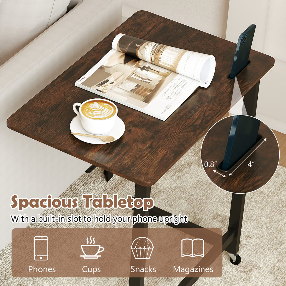C-shaped end table in rustic brown with wheels and built-in phone slot, perfect for holding snacks and magazines.
