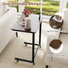 C-shaped end table in rustic brown with wheels, built-in phone slot, and easy-to-clean surface for bedside convenience.
