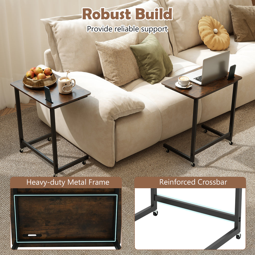 C-shaped end table with wheels in rustic brown, featuring a spacious tabletop and built-in phone slot for versatile use.