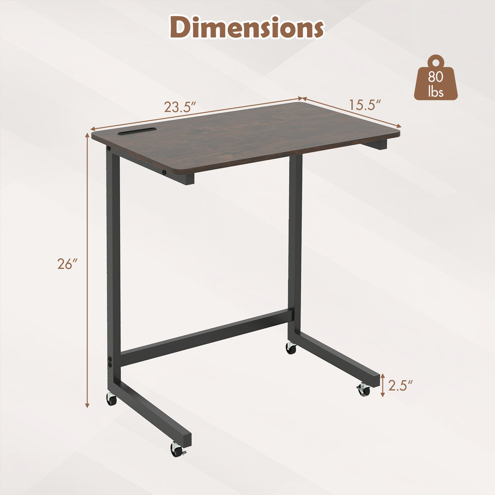 C-shaped end table with wheels in rustic brown, featuring a spacious top and built-in phone slot, ideal for bedside use.