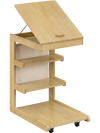 C-shaped end table with adjustable desktop, natural rubber wood, and wheels for easy mobility beside sofa or bed.