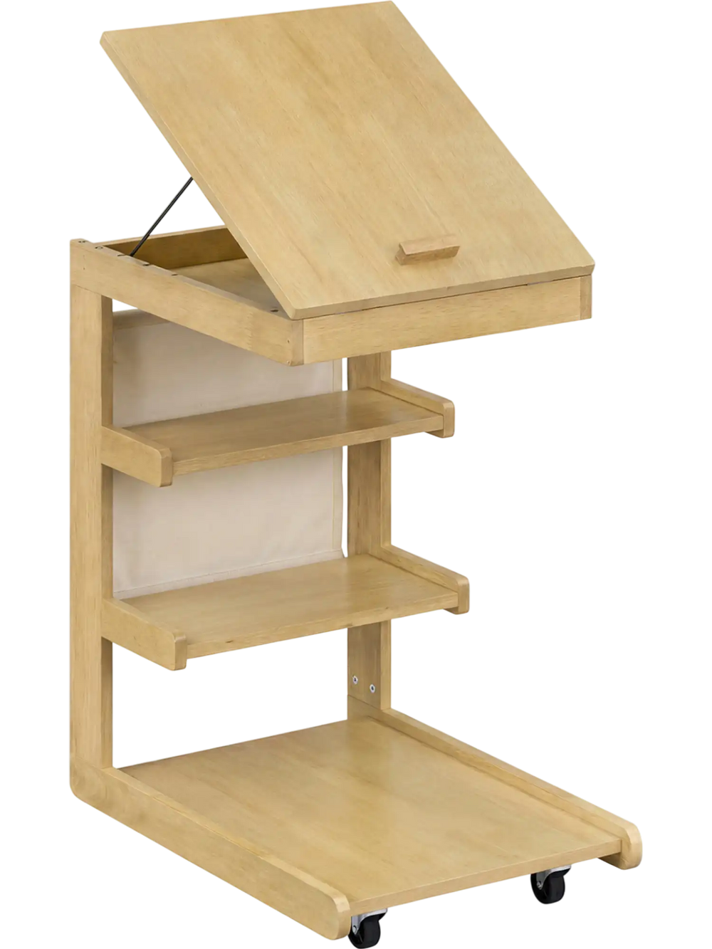 C-shaped end table with adjustable desktop, natural rubber wood, and wheels for easy mobility beside sofa or bed.