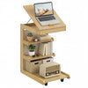 C-shaped end table with wheels, adjustable desktop, and storage shelves in natural rubber wood for versatile use.