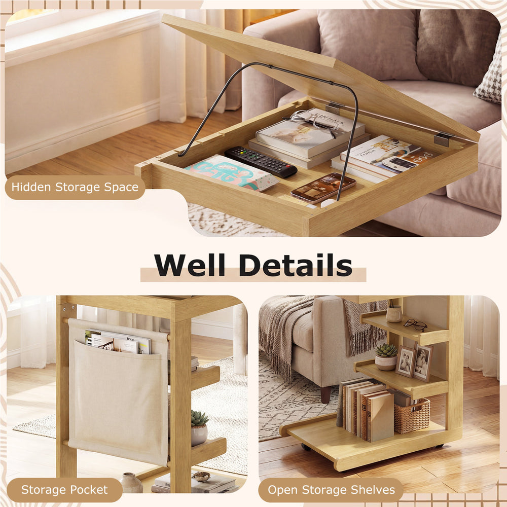C-shaped end table with adjustable desktop, hidden storage, and open shelves, perfect for sofa or bedside use.
