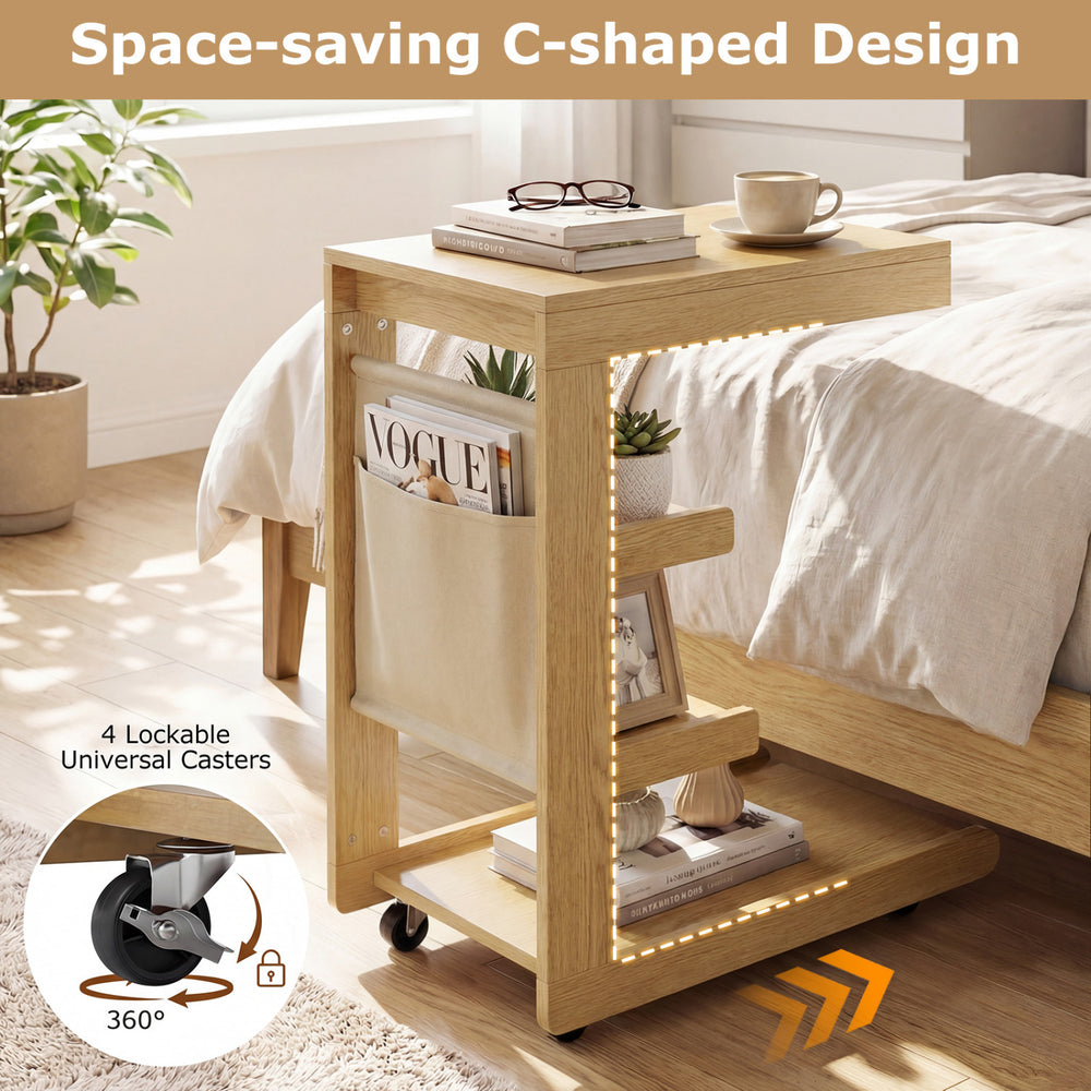 C-shaped end table with wheels, adjustable desktop, and storage pockets, perfect for bedside or sofa use.