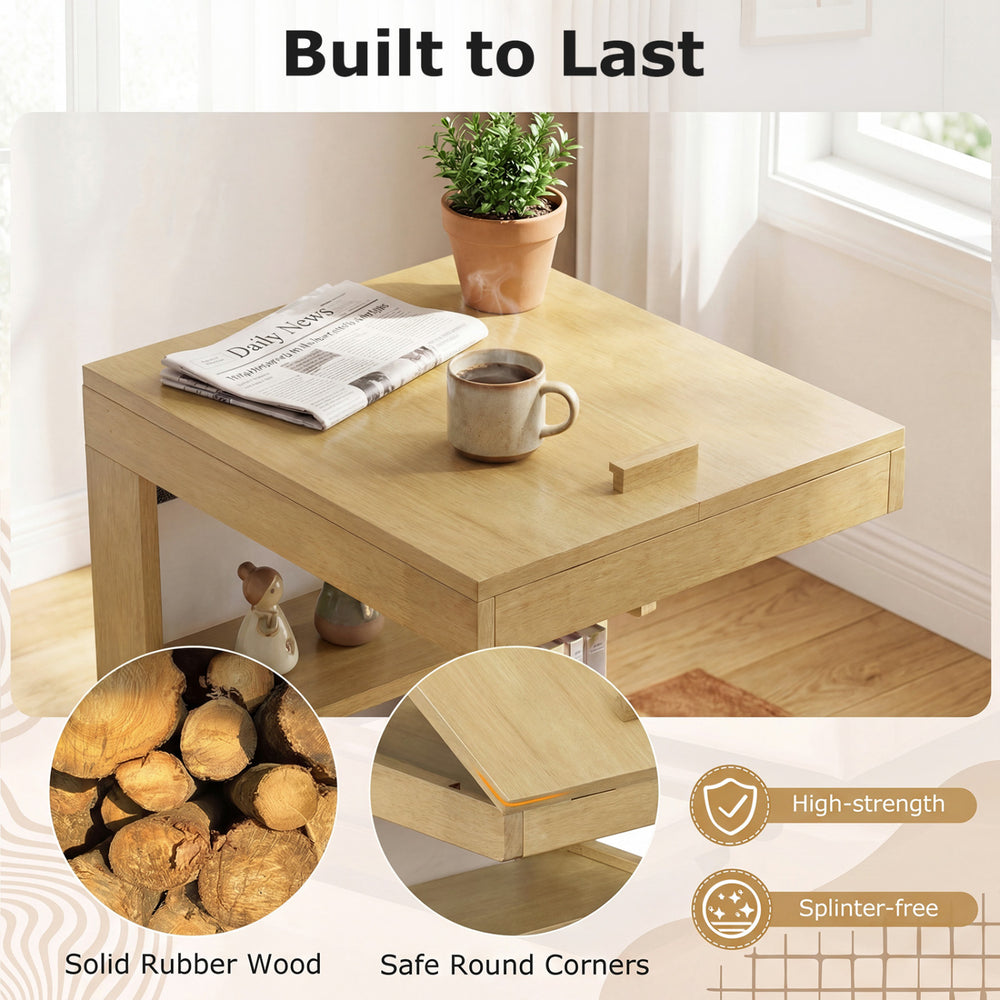 C-shaped end table with wheels in natural solid rubber wood, featuring adjustable tilt and safe round corners for.
