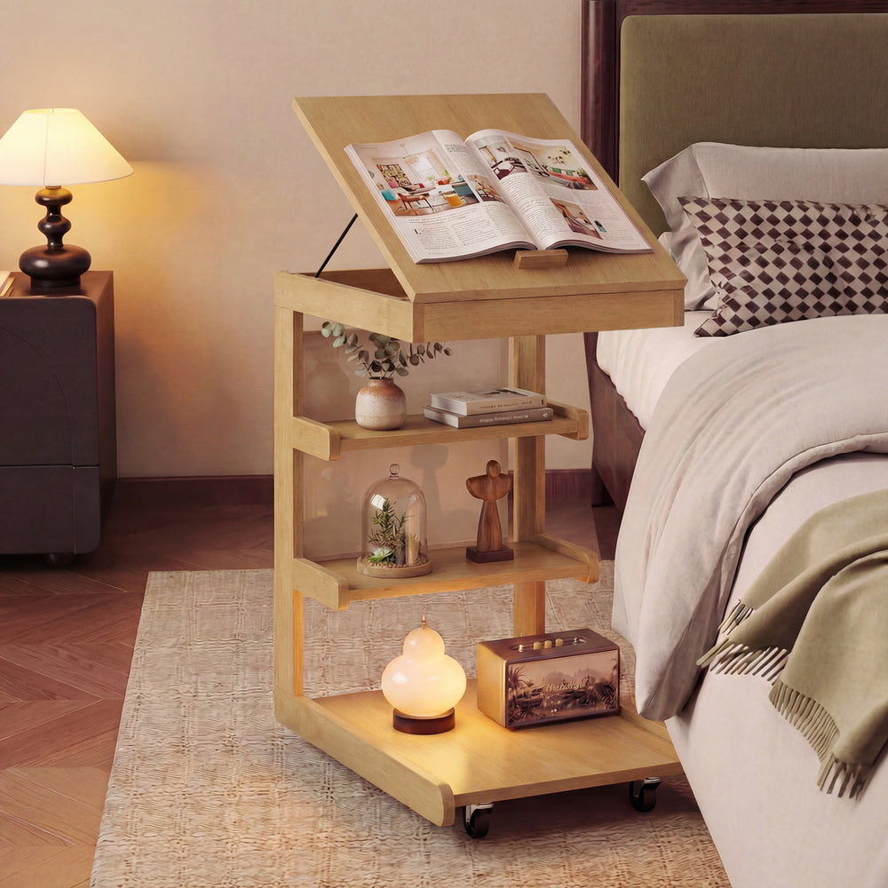 C-shaped end table with adjustable desktop, natural rubber wood, and wheels, perfect for bedside or sofa use.
