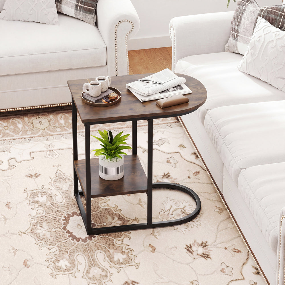 C-shaped Modern Sofa Side Table with Faux Marble Tabletop and Storage Shelf-Rustic Brown - Gallery View 1 of 9