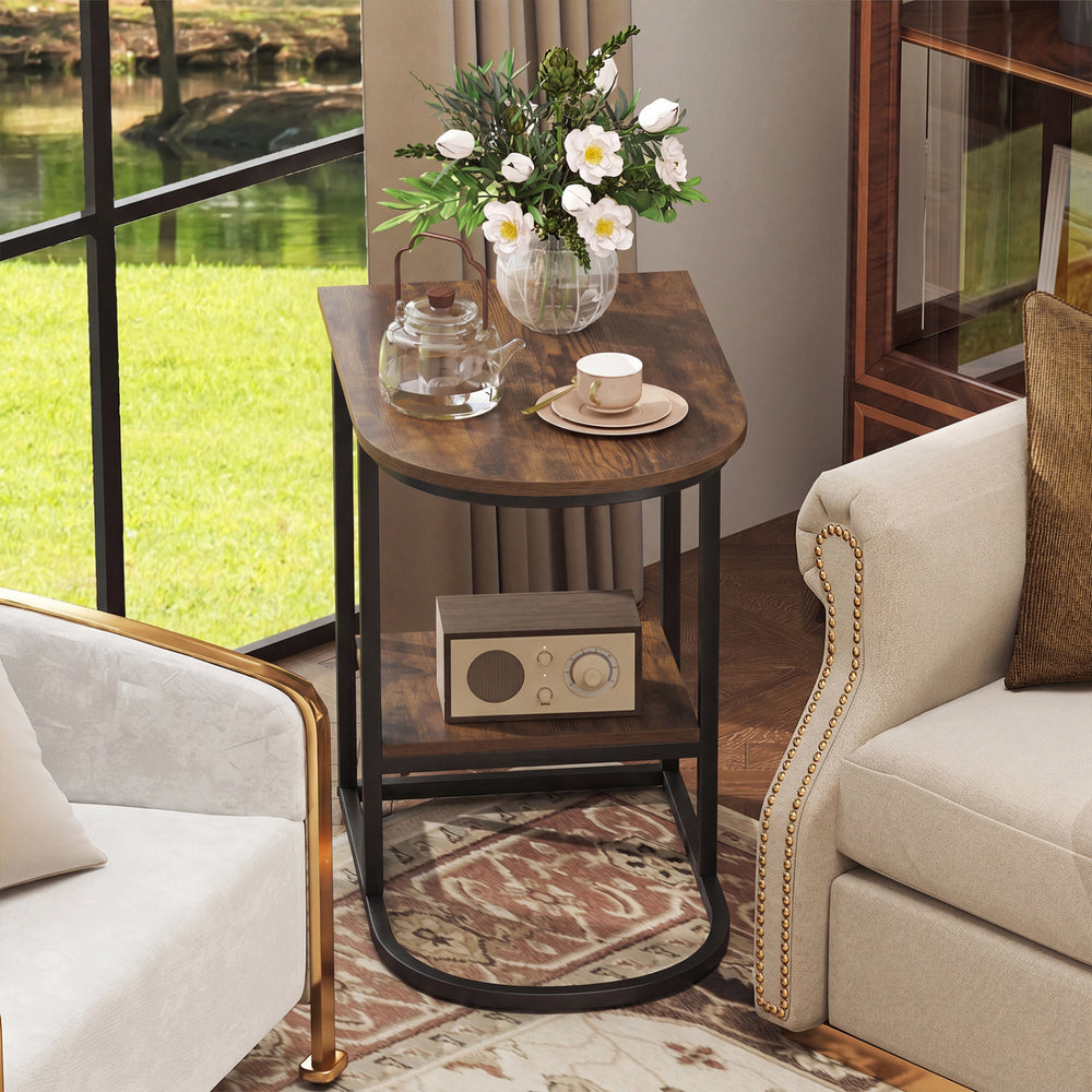 C-shaped modern sofa side table in rustic brown with rounded corners and a faux marble top, ideal for small spaces.