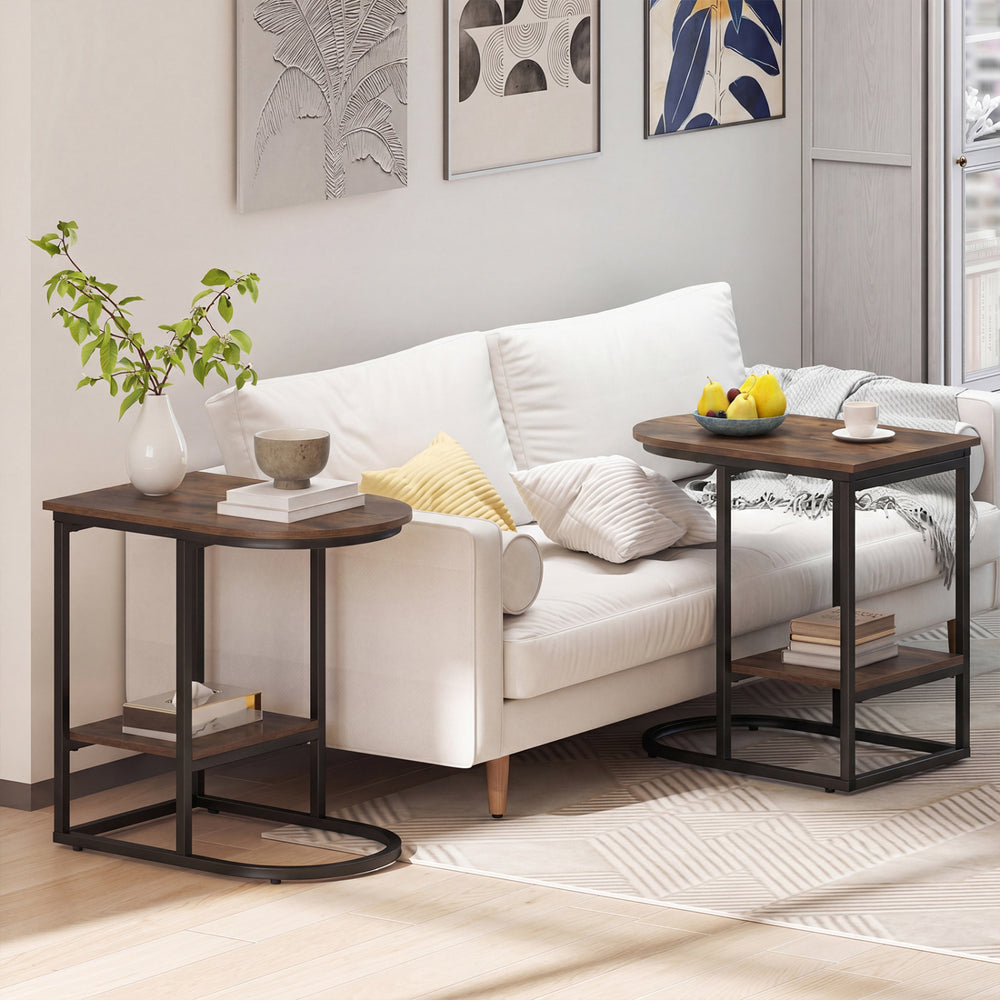 C-shaped modern sofa side table with faux marble tabletop and storage shelf, perfect for tight spaces in living rooms.