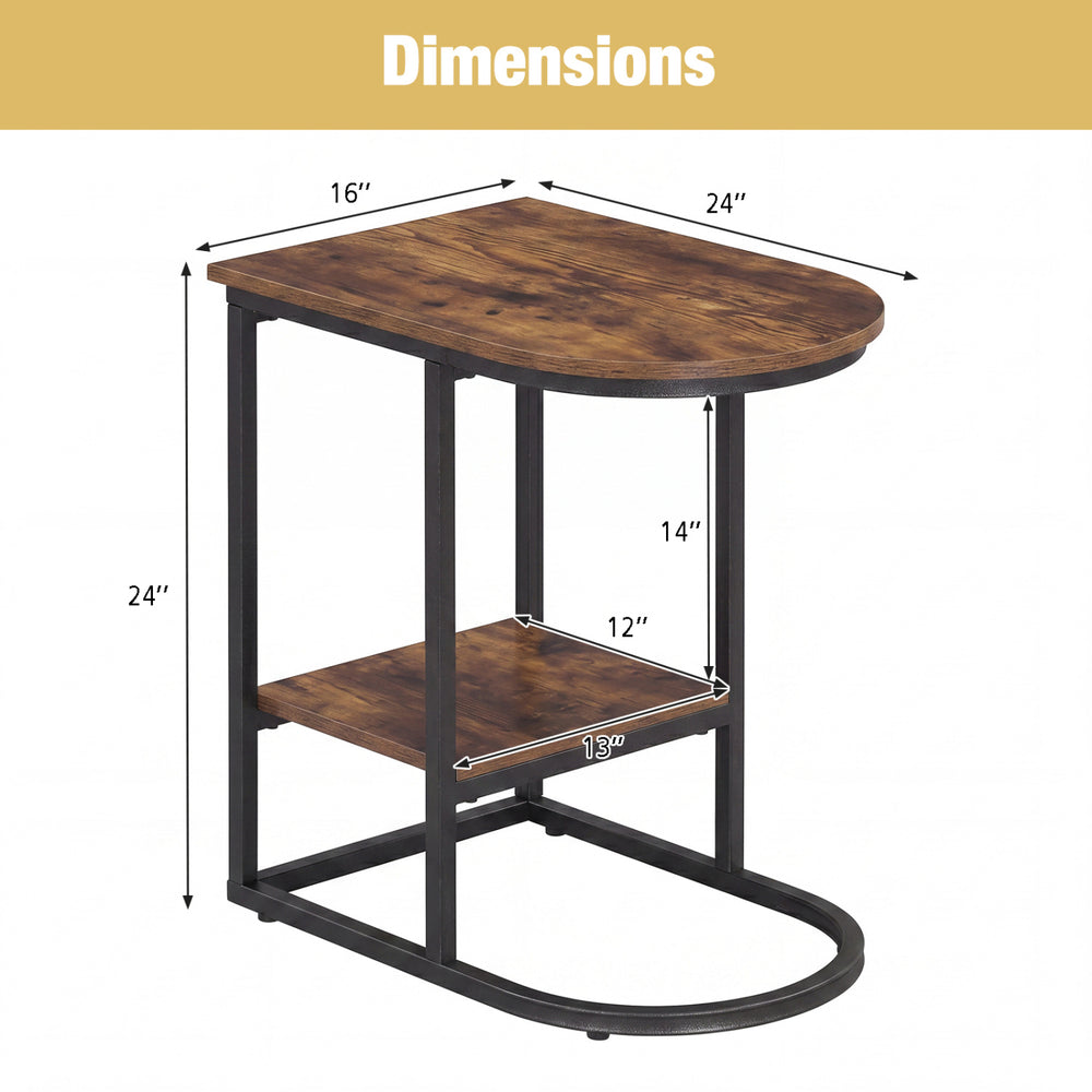 C-shaped modern sofa side table with faux marble tabletop and metal frame, featuring 2-tier storage for versatile use.
